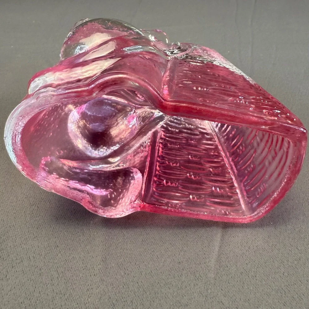 Vintage Pink Glass Bunny Rabbit Basket Candy Dish Heavy Easter Cottagecore Decor